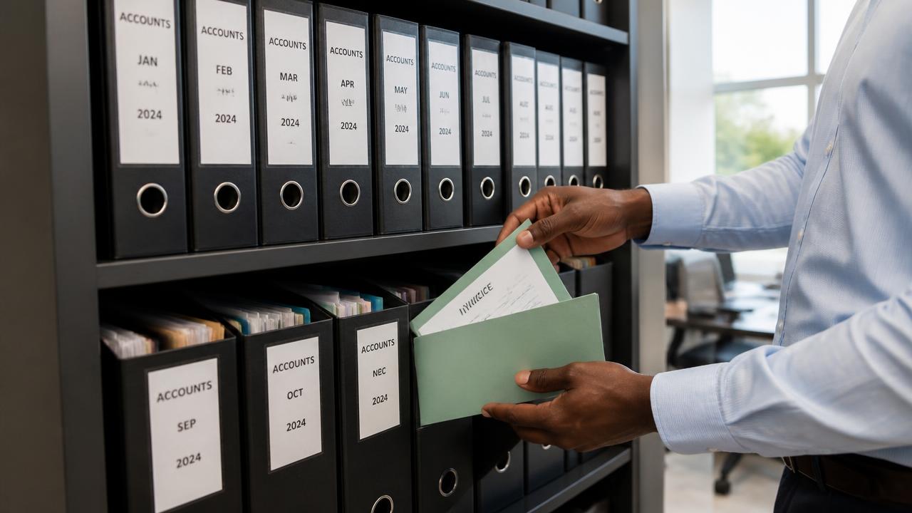 Classeurs comptables étiquetés par mois rangés sur une étagère de bureau