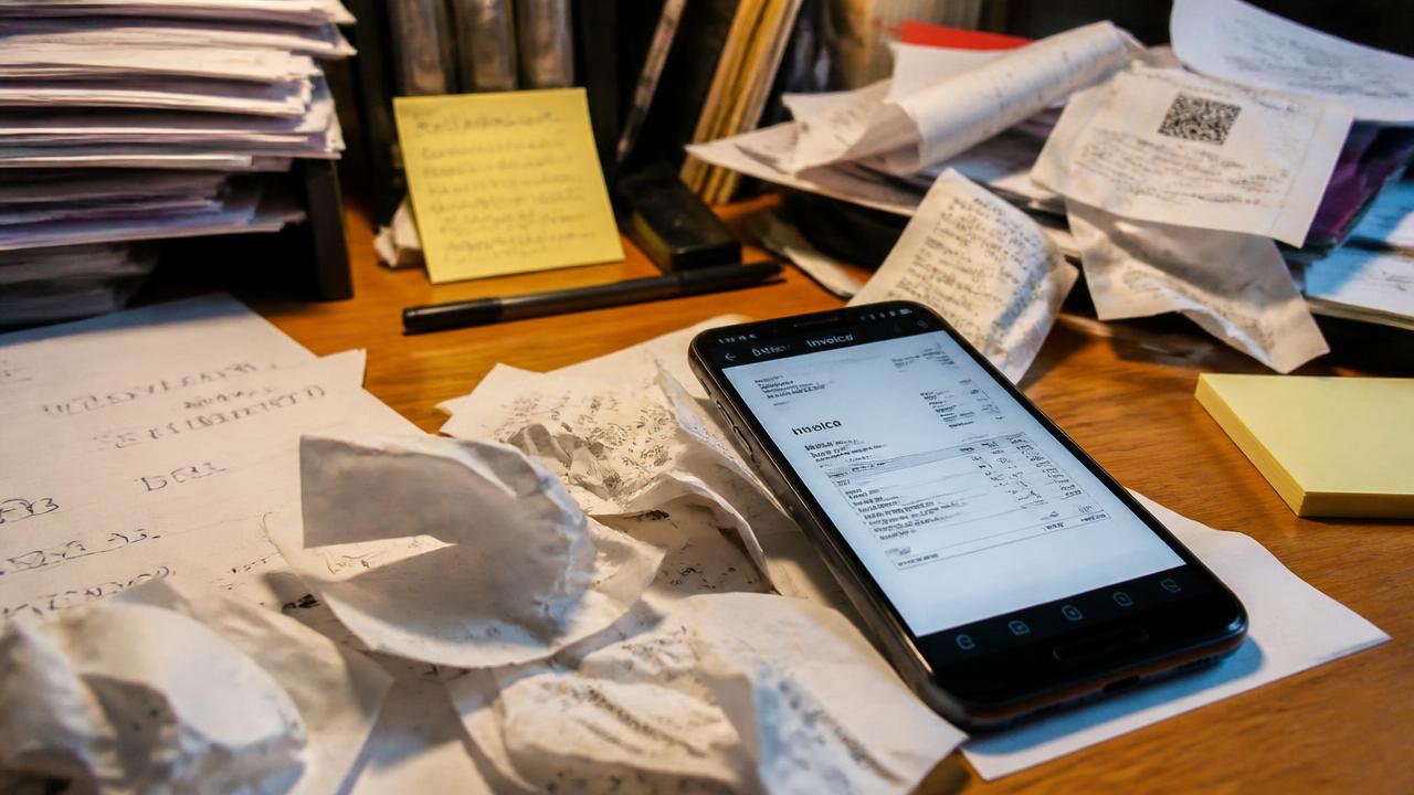 Bureau encombré avec des reçus froissés et un téléphone affichant une facture