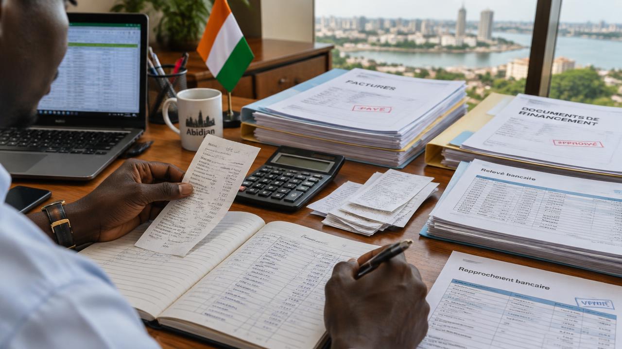 Rapprochement de factures, reçus et relevés bancaires sur un bureau à Abidjan